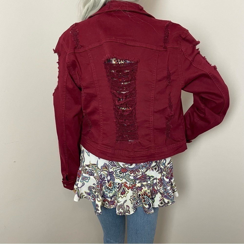 American Bazi Jean Jacket Factory Destroyed Button Down Faux Pockets Burgundy